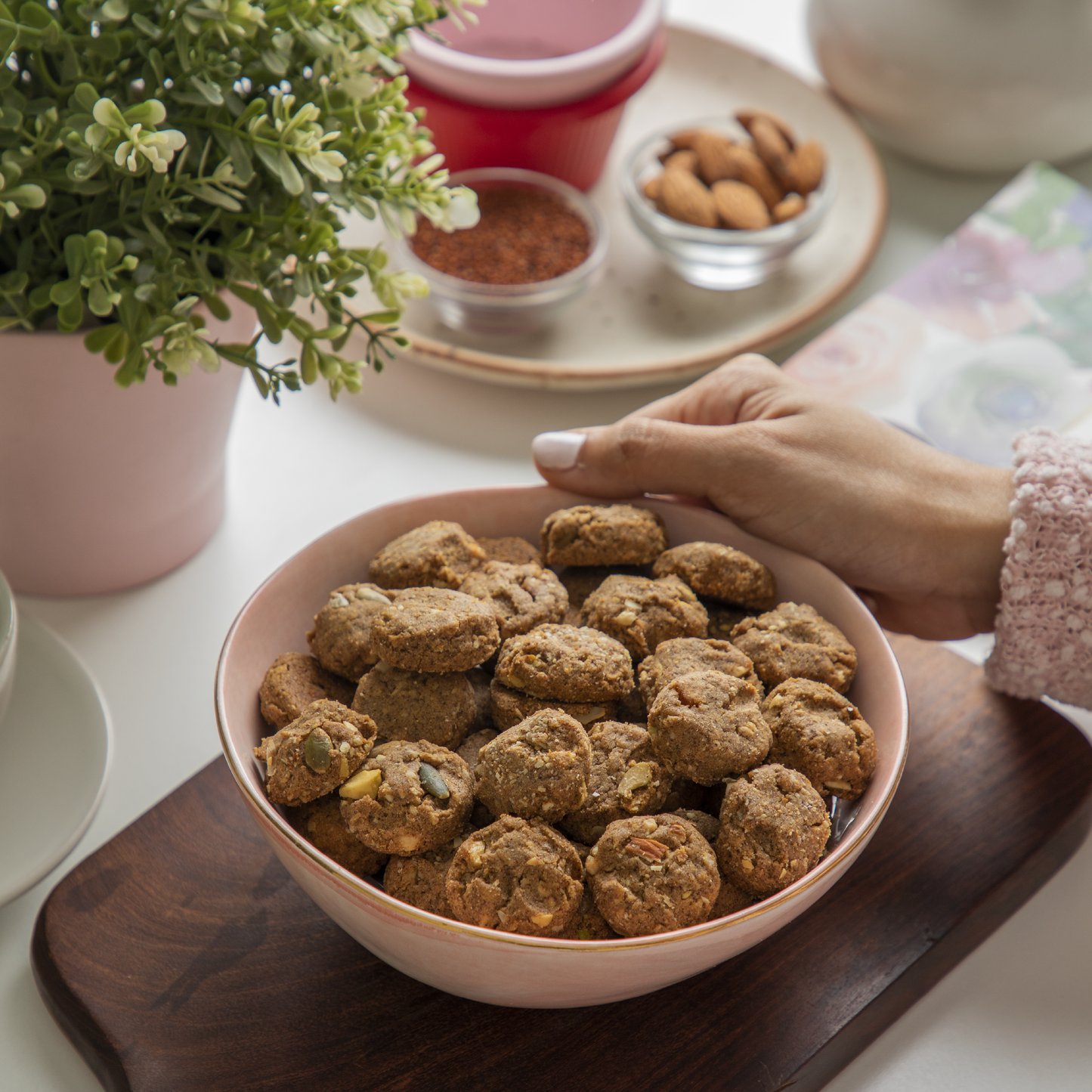 wholehweat and ragi cookies with dry fruits and seeds.