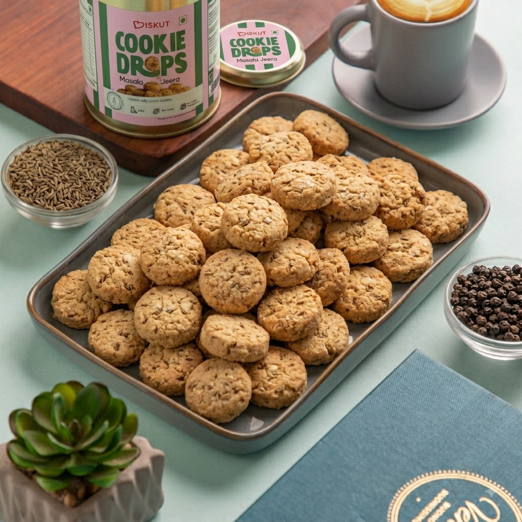 A tin of BISKUT Cookie Drops Masala Jeera cookies sits on a tabletop with the lid placed in front. Salty cumin cookies.
