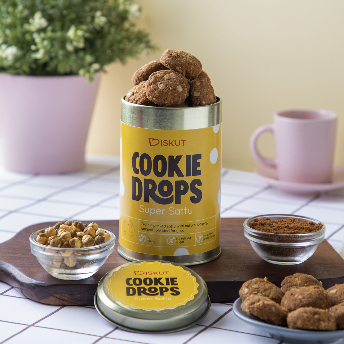 Bite size sattu and oat cookies with natural jaggery powder. 