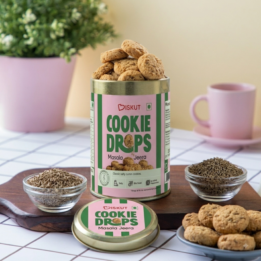 A tin of BISKUT Cookie Drops Masala Jeera cookies sits on a tabletop with the lid placed in front. Salty cumin cookies.